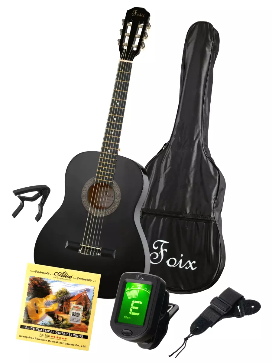 FCG-2036CAP-BK-3/4 Классическая гитара 3/4 с чехлом, ремнем, тюнером, черная, Foix - фото 1